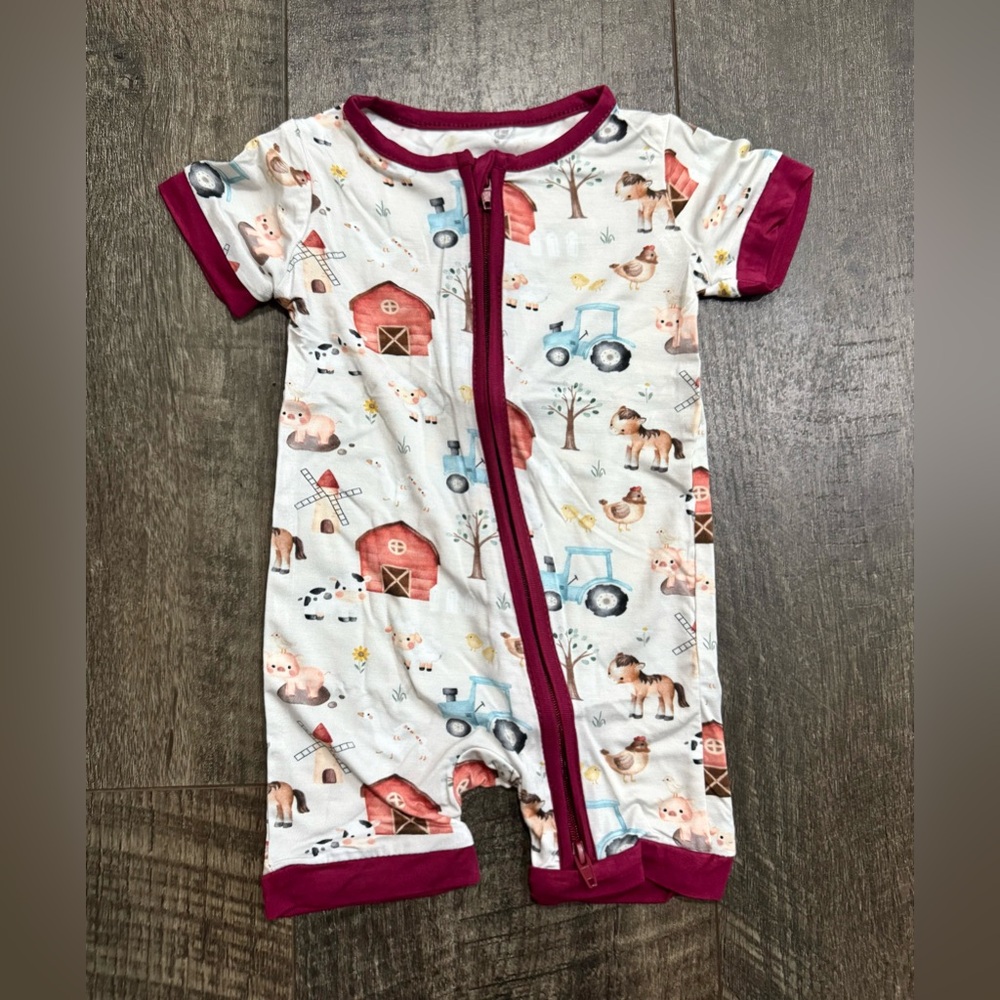 Baby Bamboo Bodysuit Shorty Zipper Sleeper PJs Farm Print 0-3m